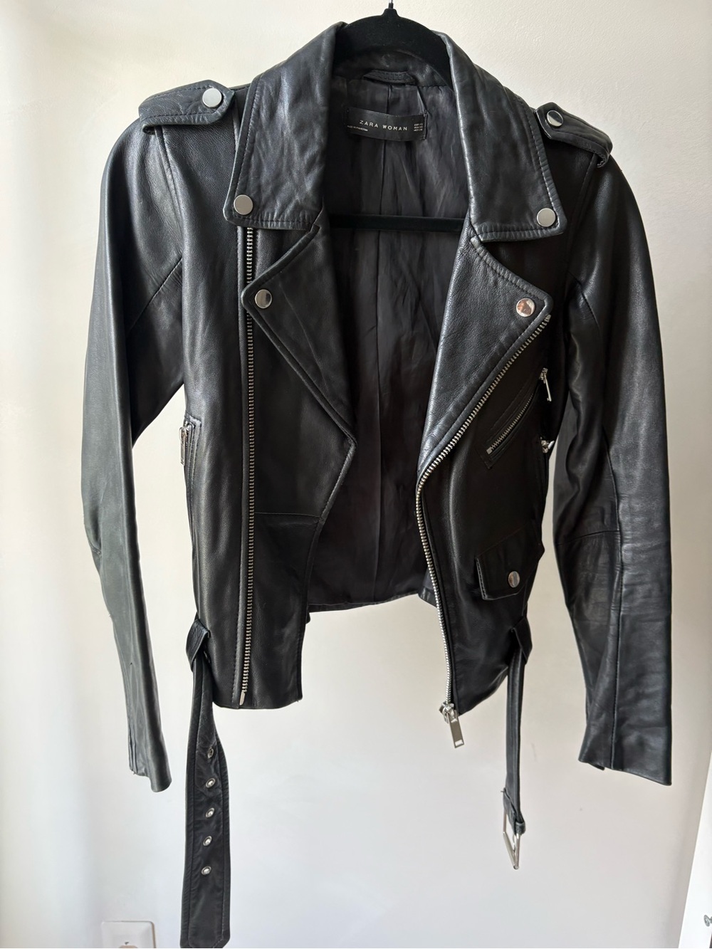 Zara Black Leather Moto Jacket with Belt